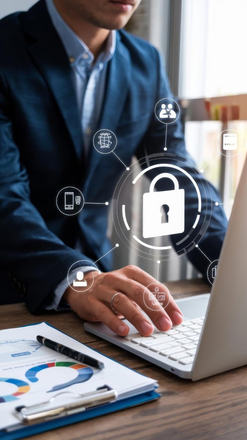 Person in a suit working on a laptop, overlaid with a digital padlock icon representing cybersecurity.