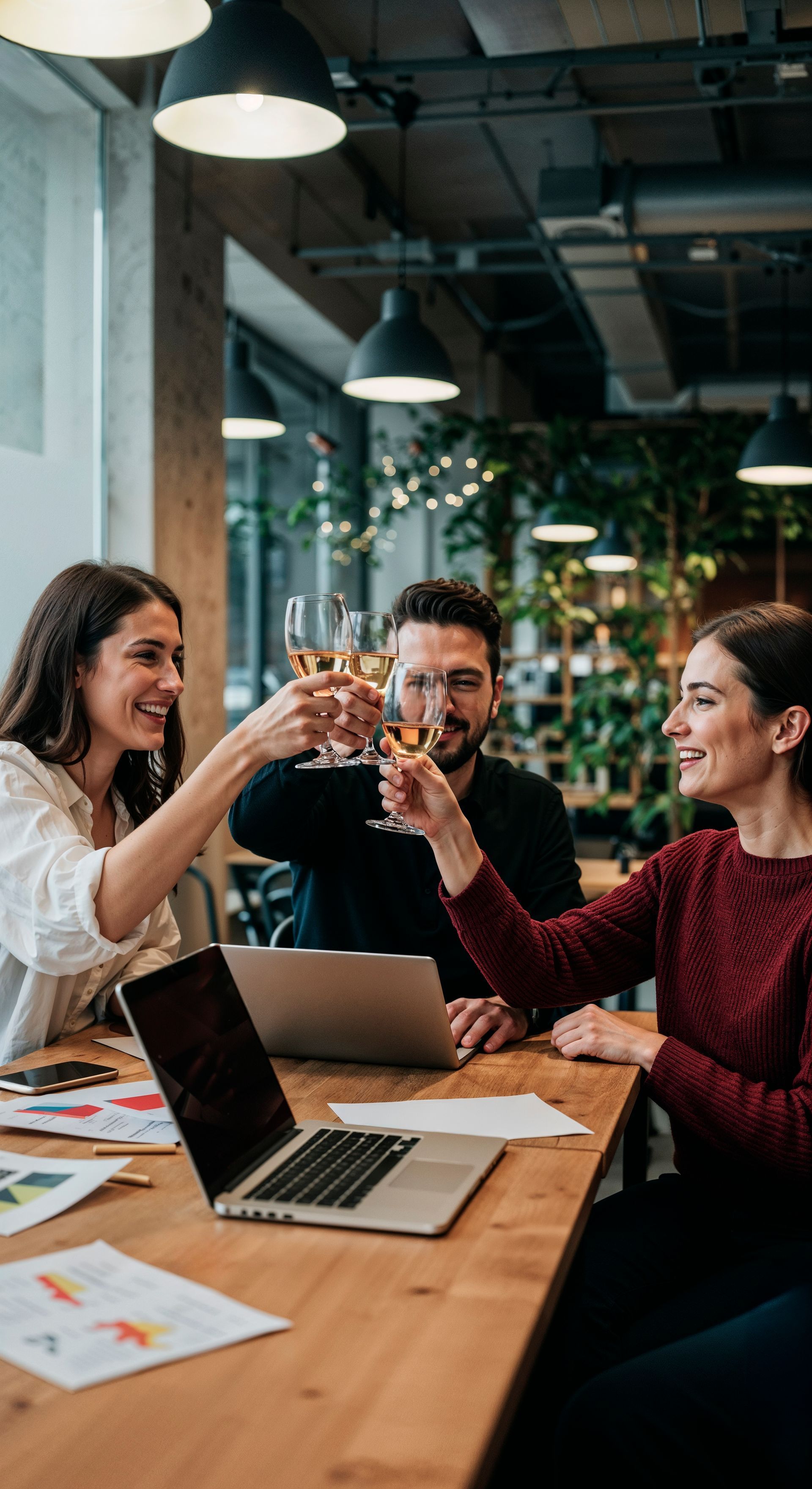Three people in an office clink champagne glasses, celebrating at a table with a laptop and papers.