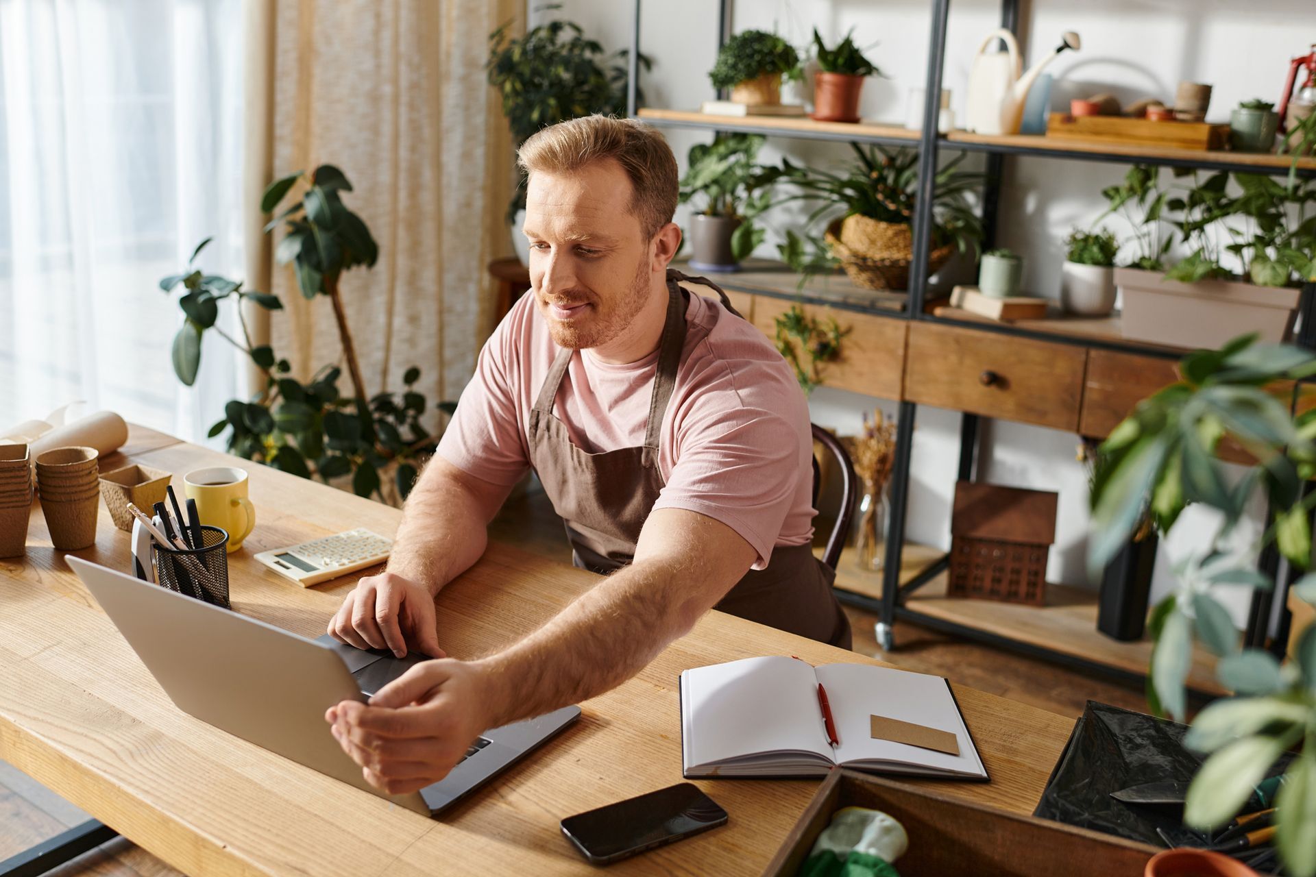 A man is sitting at a desk using a laptop computer.