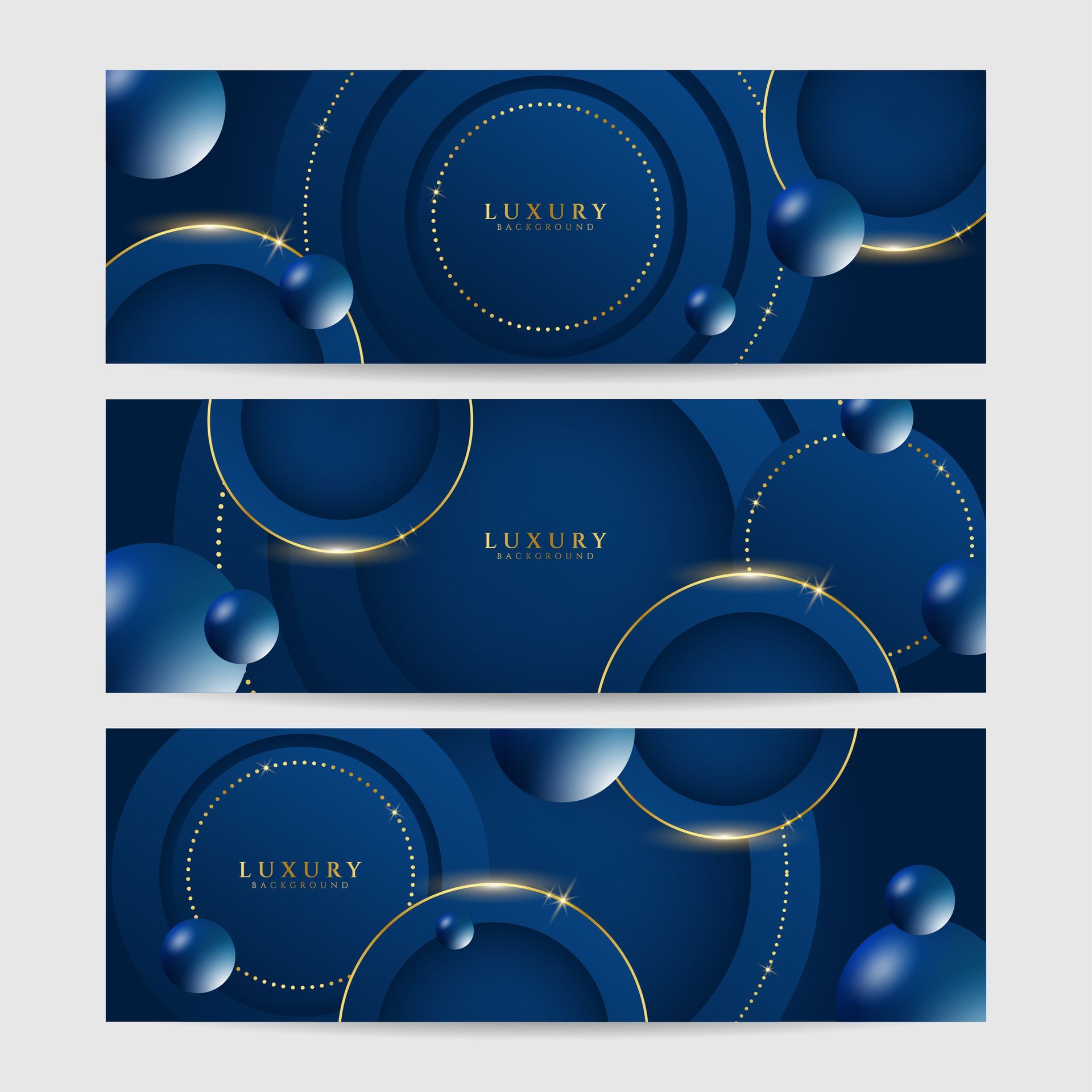 Tre modelli di banner di lusso blu navy con dettagli e sfere dorati.