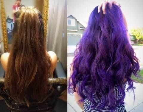 Back view of long brown hair beside vibrant purple wavy hair after coloring