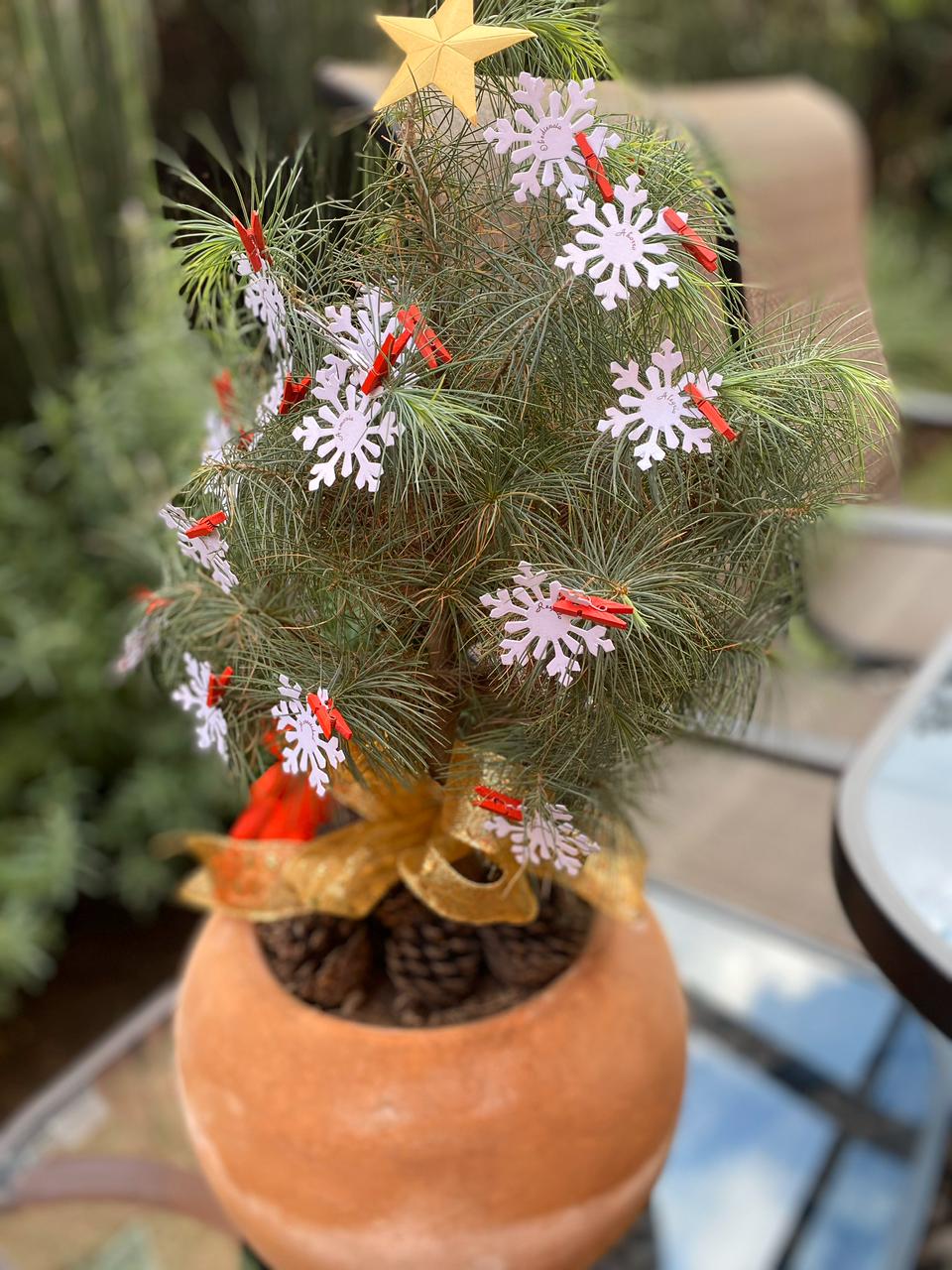 Pequeño árbol de Navidad en maceta de terracota, decorado con copos de nieve de papel, clips rojos y una estrella dorada.