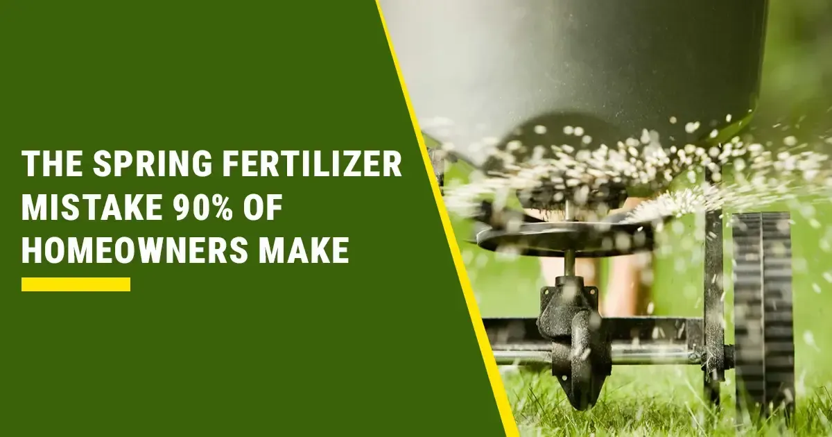 A person using a fertilizer spreader on green grass, with text 