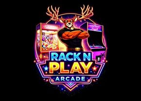 Neon deer arcade logo with antlers and “RACK N PLAY ARCADE” text on a black background
