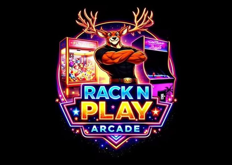 Neon deer arcade logo with antlers and “RACK N PLAY ARCADE” text on a black background