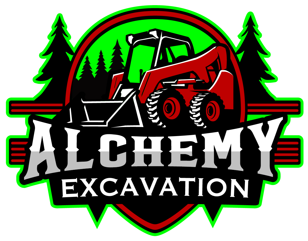 A logo for alchemy excavation with a bulldozer and trees in the background.