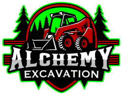 A logo for alchemy excavation with a bulldozer and trees in the background.
