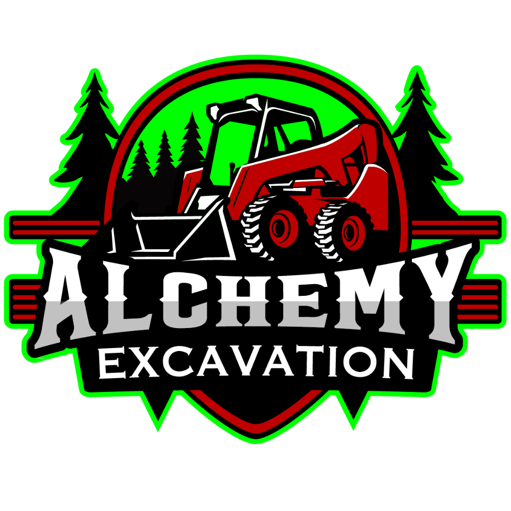 A logo for alchemy excavation with a bulldozer and trees in the background.