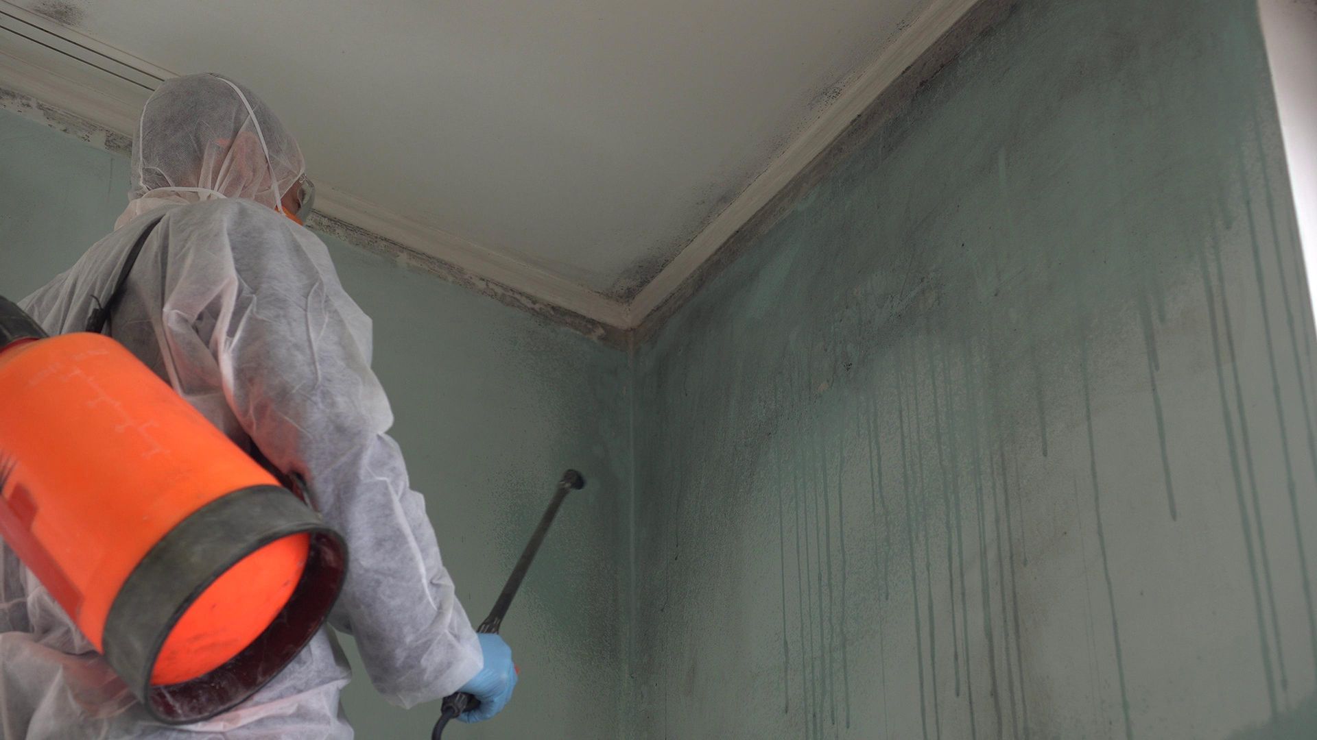 A person in a protective suit is spraying a wall with a sprayer.