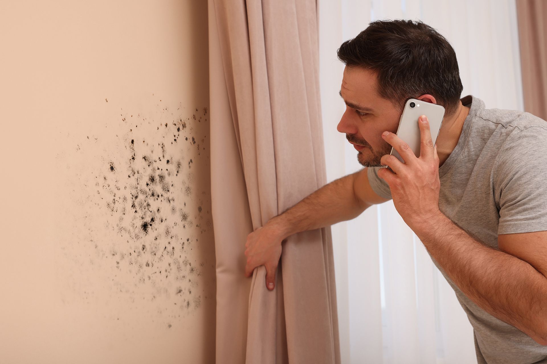 Man Talking on a Phone While Looking at Mold on a Wall