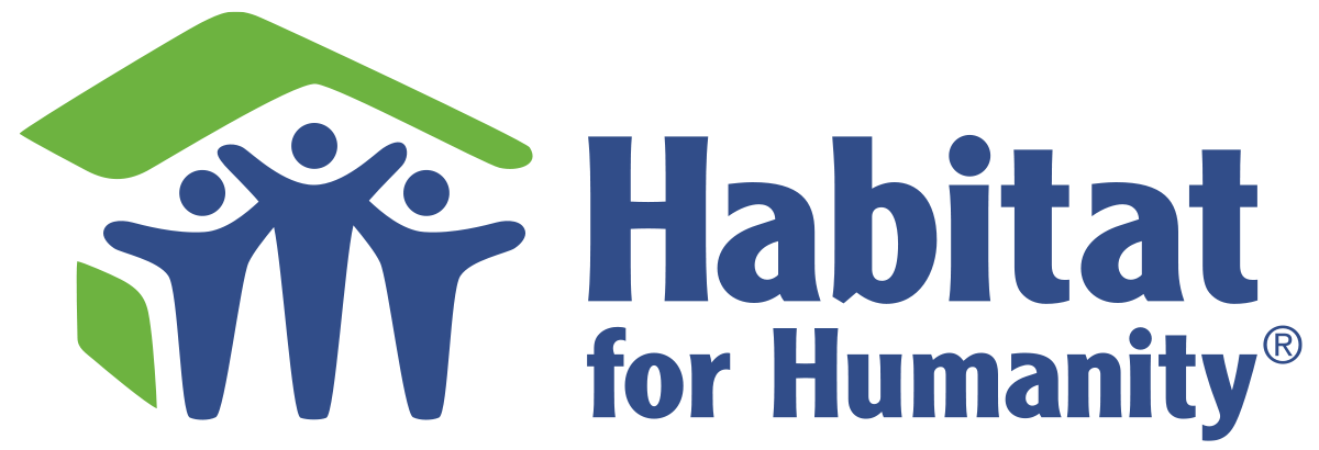 Habitat for Humanity logo featuring a green roof over three blue figures with arms raised, next to blue text.