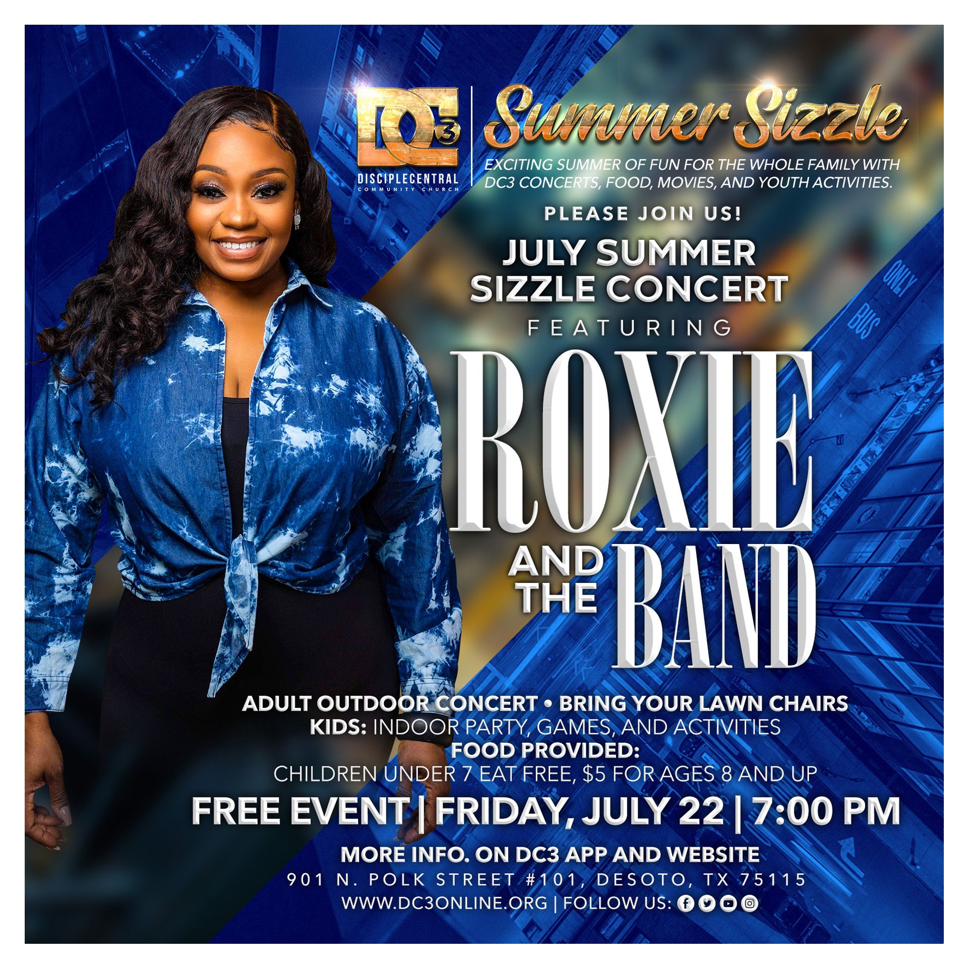 a poster for a july summer sizzle concert featuring roxie and the band