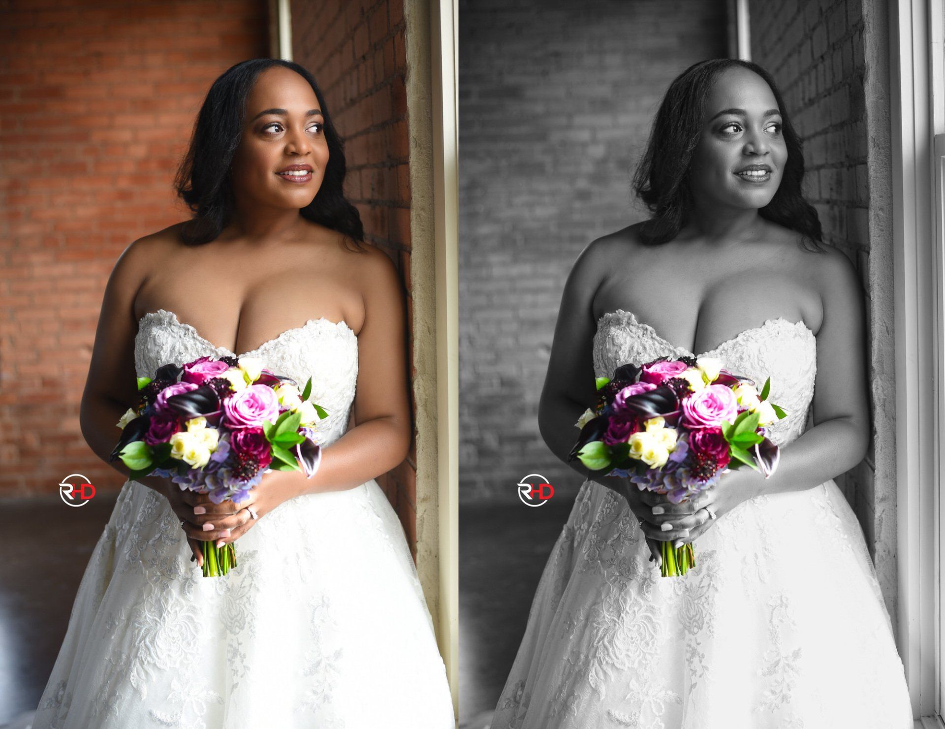 a black and white photo of a woman in a wedding dress holding a bouquet of flowers .