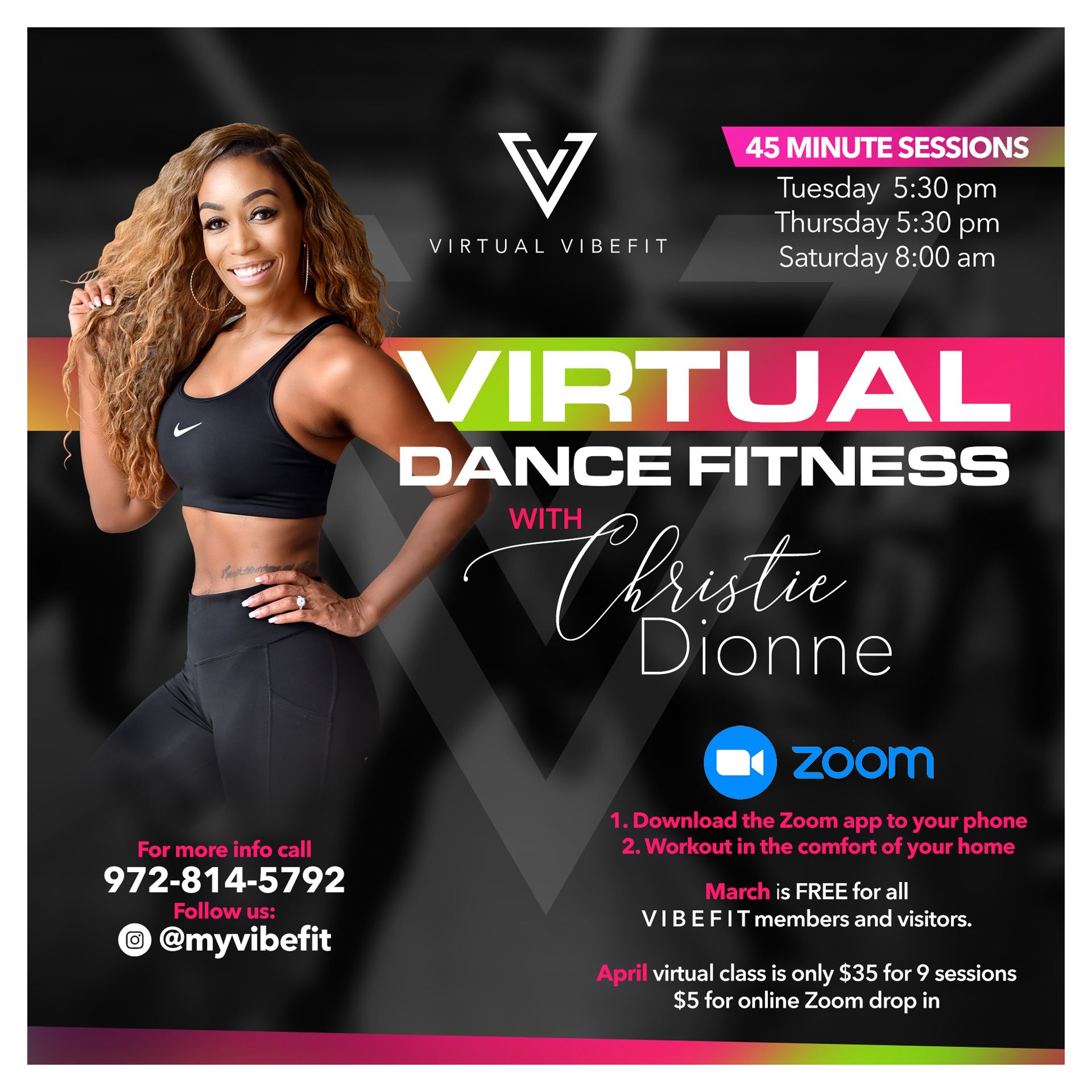 a poster for a virtual dance fitness class with christine dionne