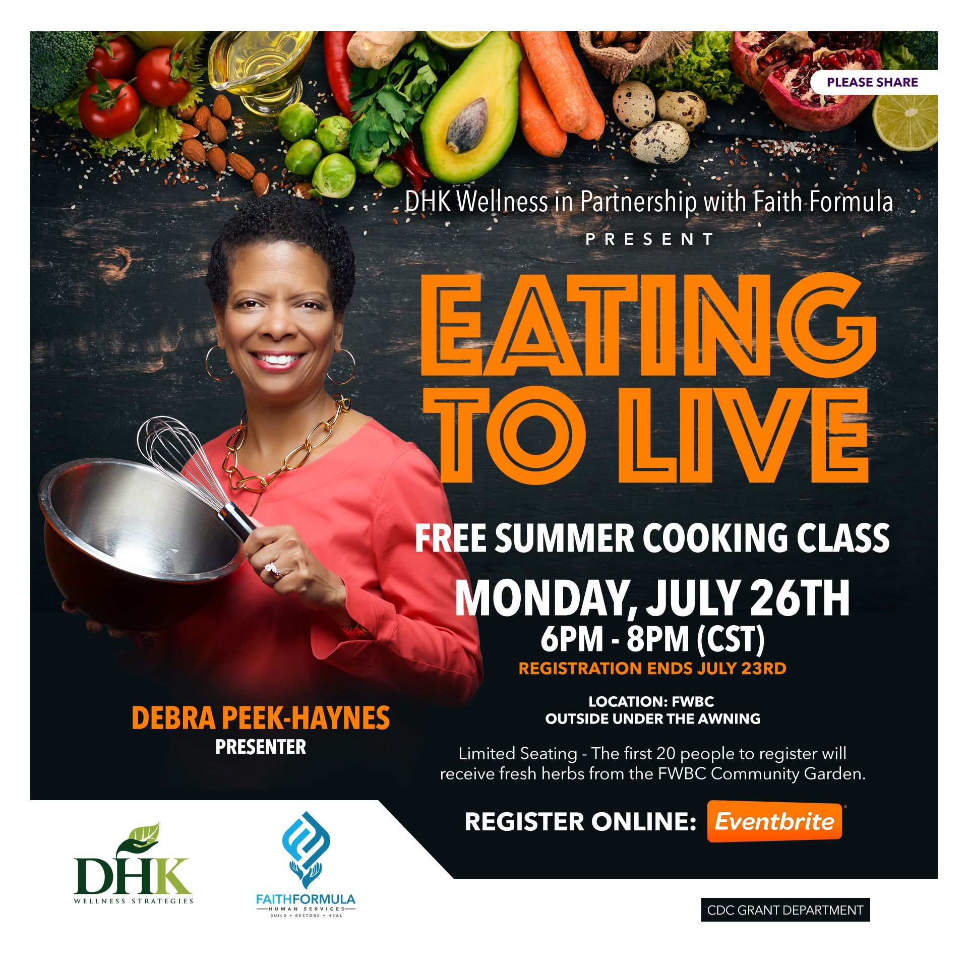 a poster for a free summer cooking class called eating to live