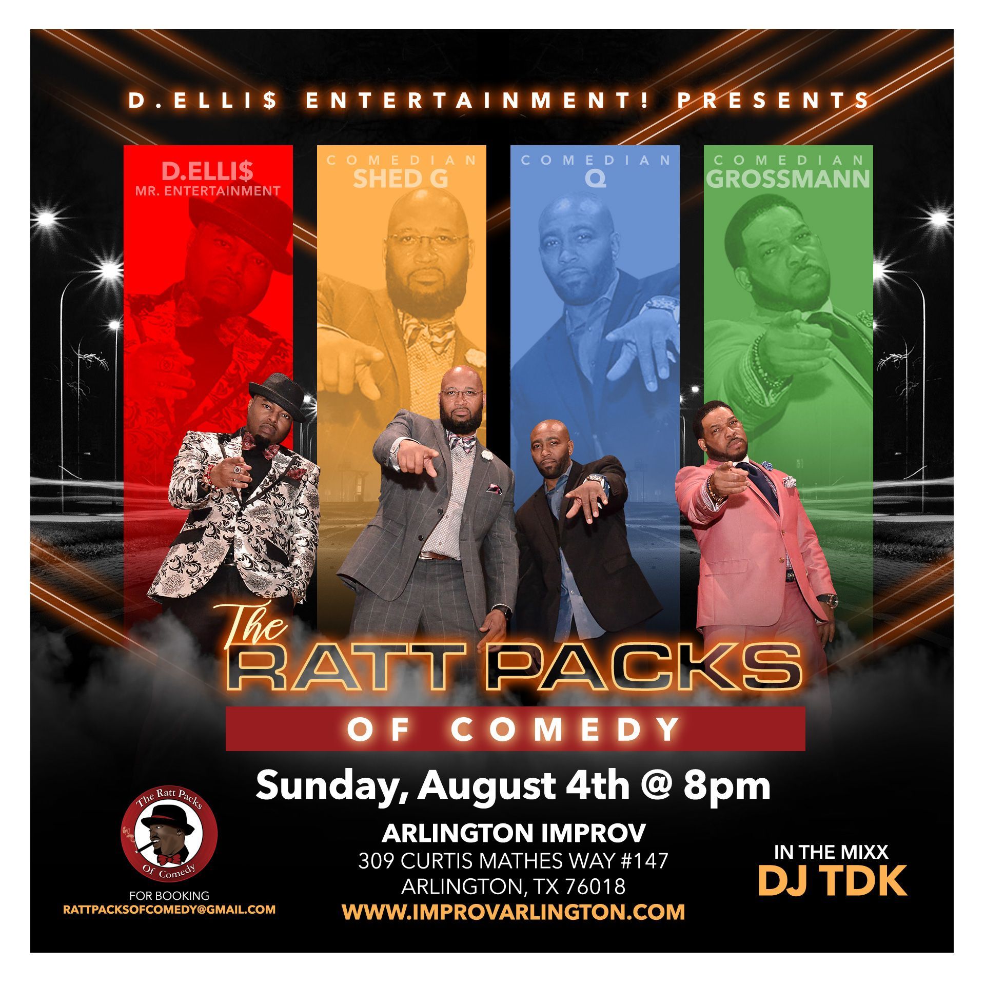 a poster for the ratt packs of comedy on august 4th