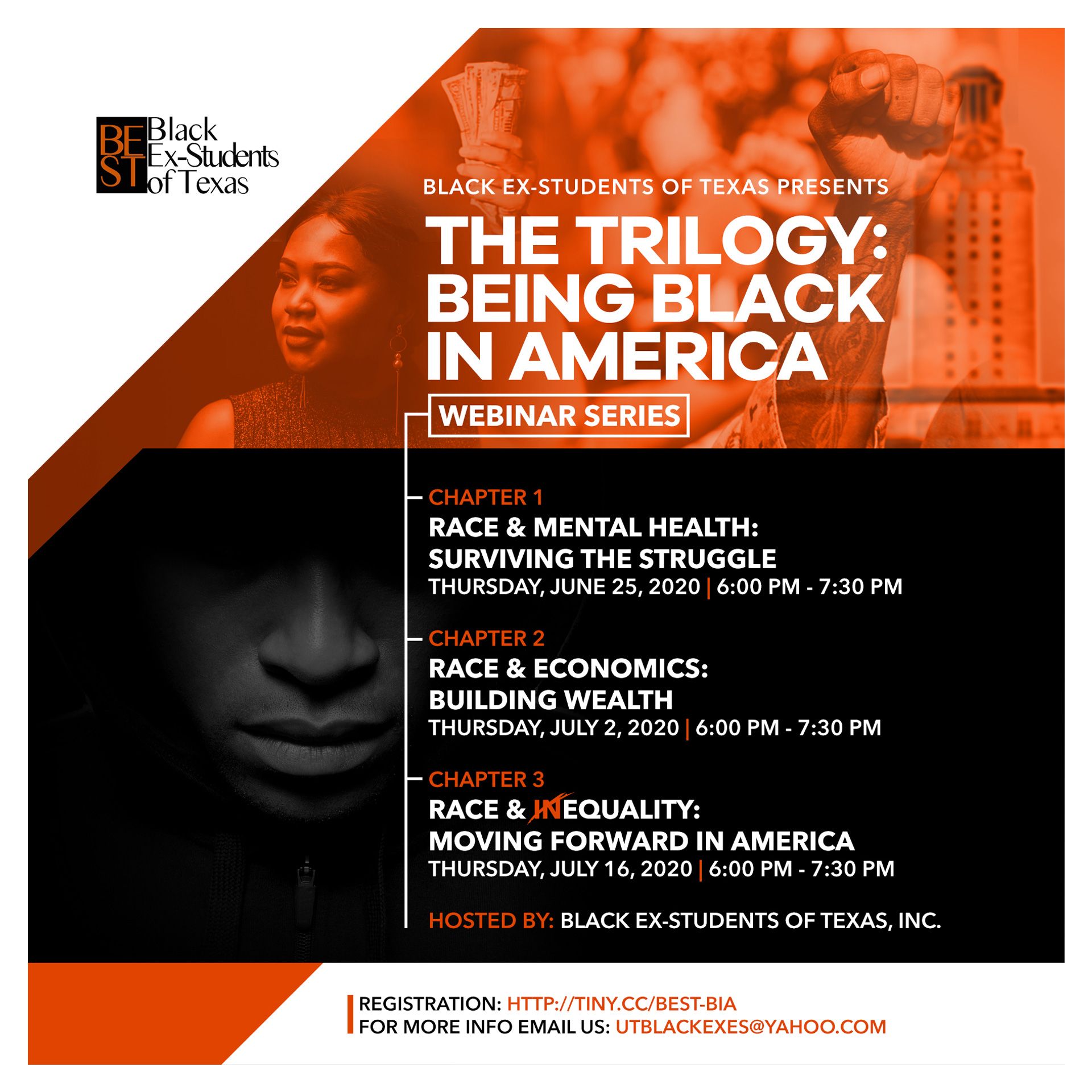 a poster for the trilogy being black in america webinar series