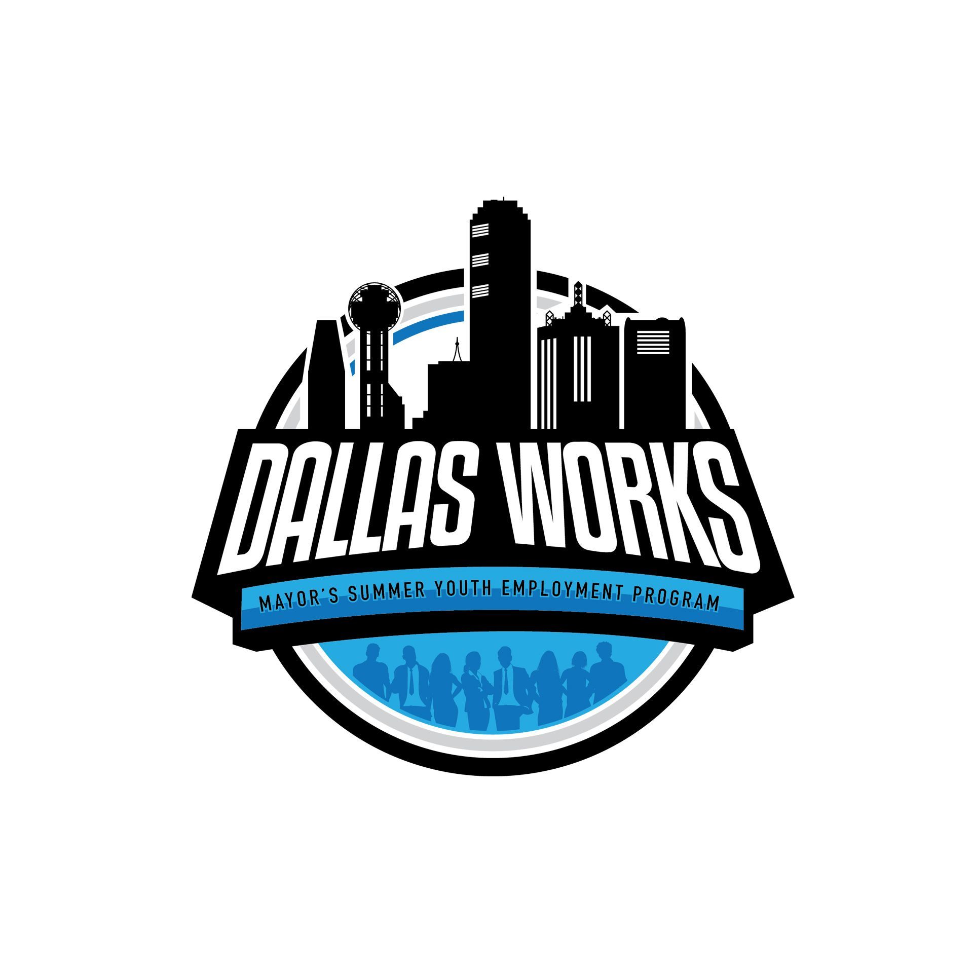 a logo for dallas works with a city skyline and people in a circle .