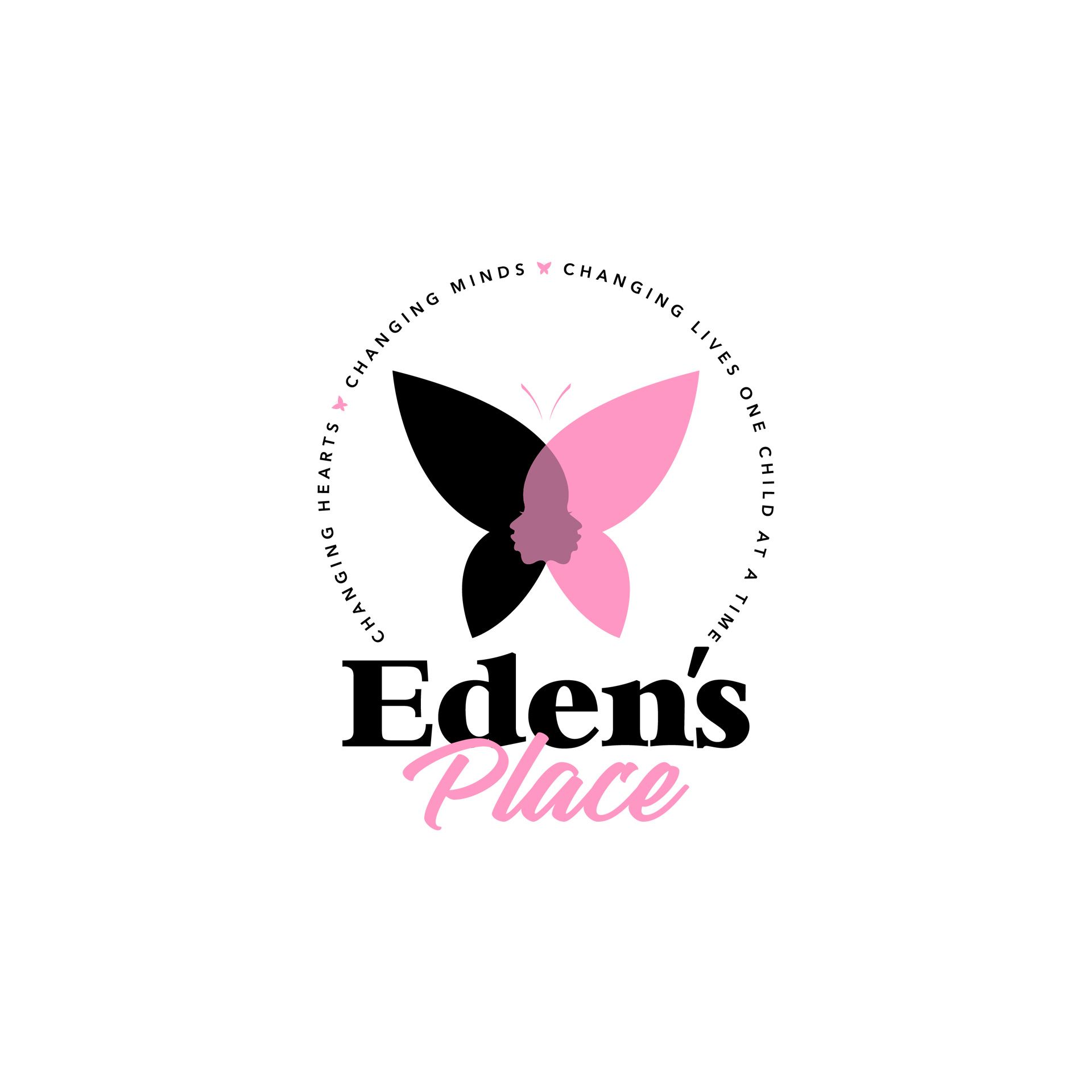 a logo for eden 's place with a pink and black butterfly