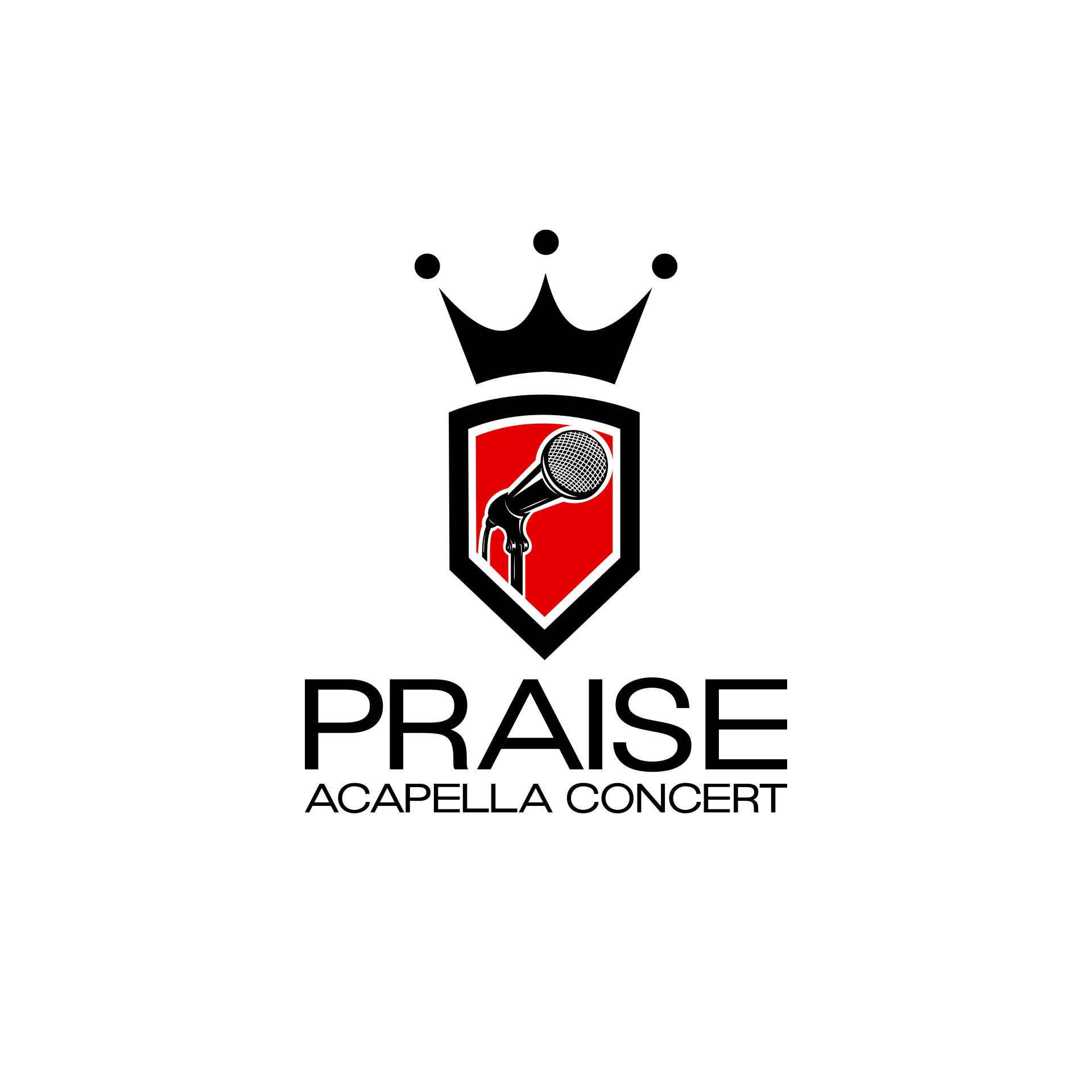 the logo for praise acapella concert has a microphone and a crown on it .