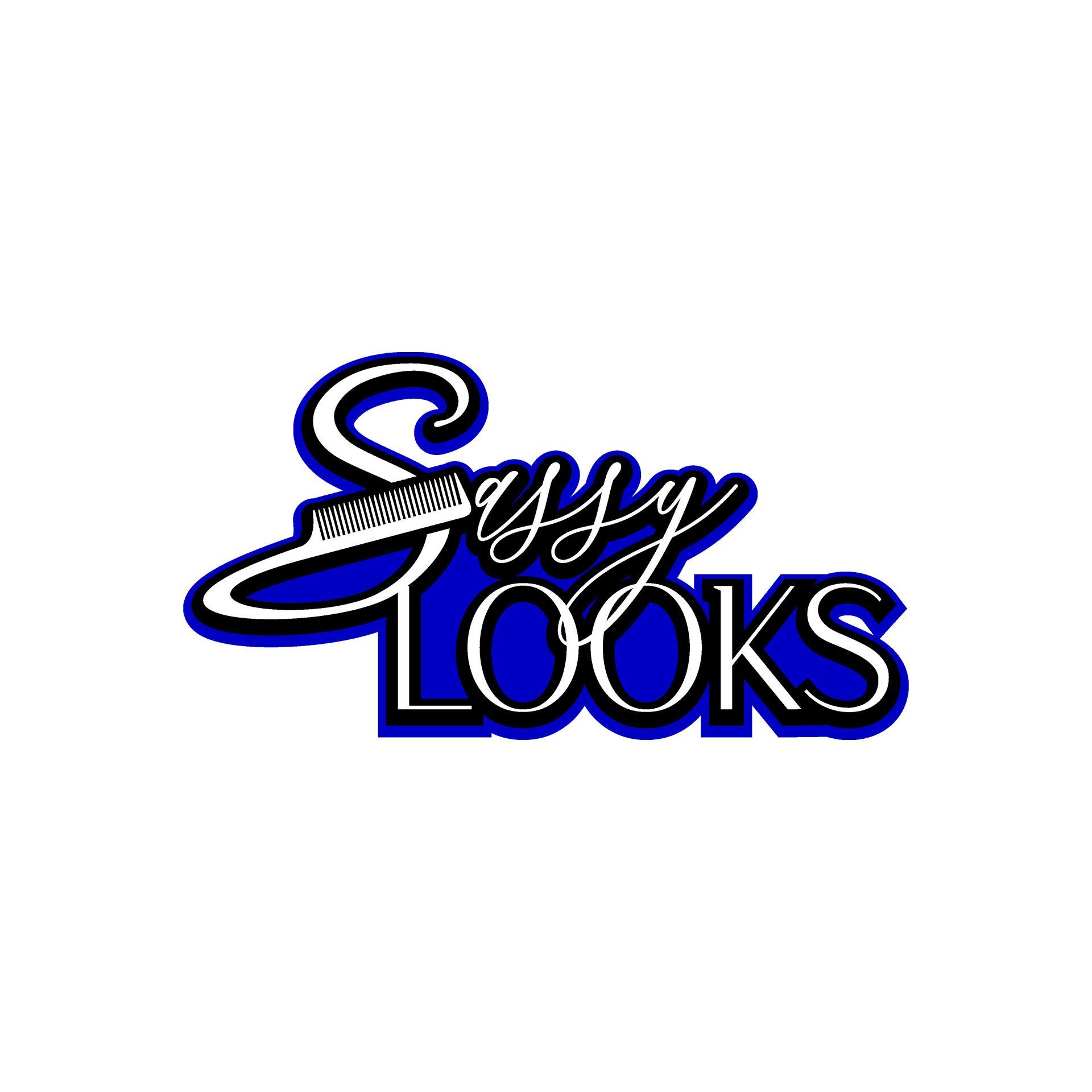 a blue and white logo for sassy looks on a white background .