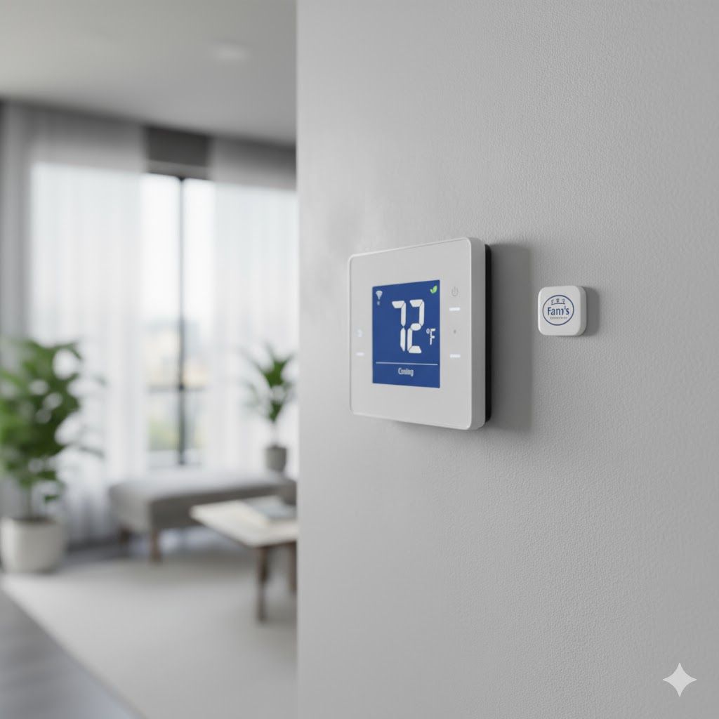 White thermostat on a gray wall showing 72 degrees. Small sensor on the right. Living room in background.