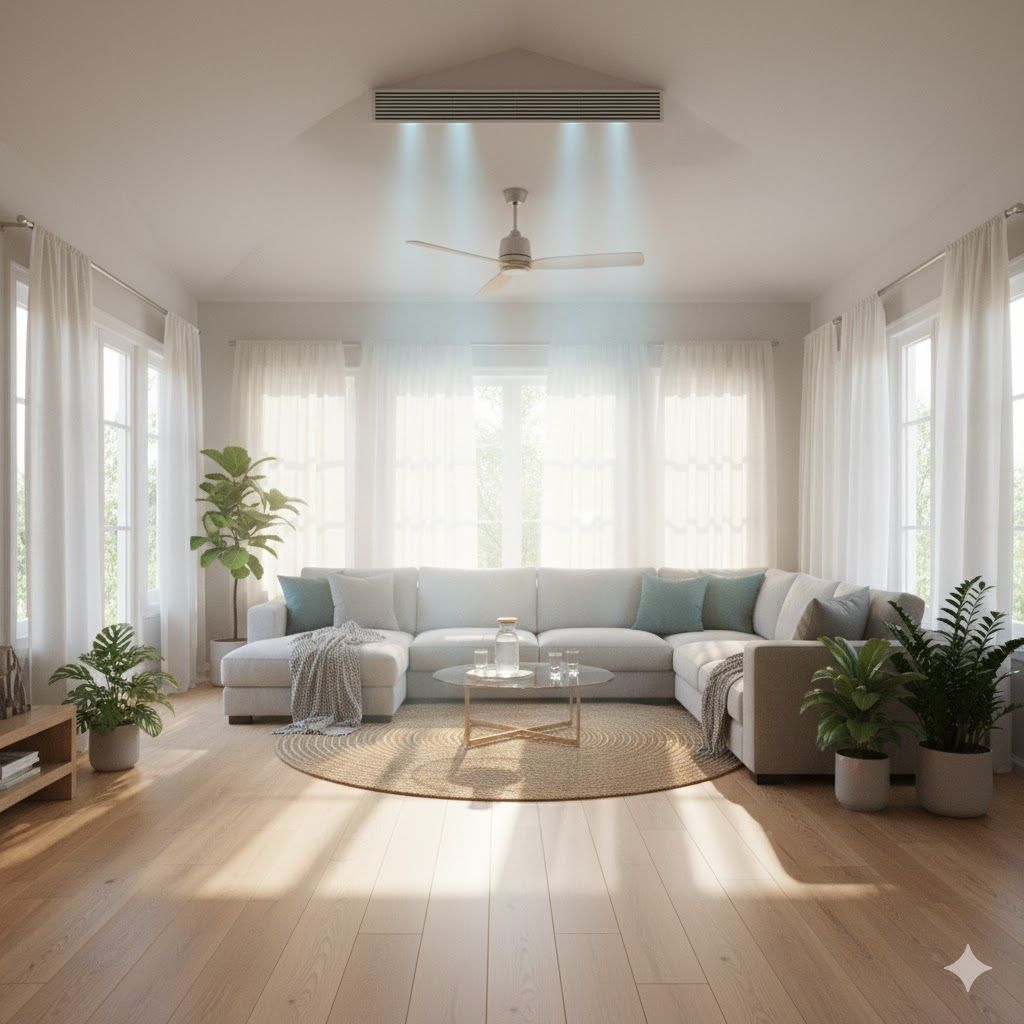 Bright, airy living room with a large sectional sofa, plants, and a ceiling fan, illuminated by natural light.