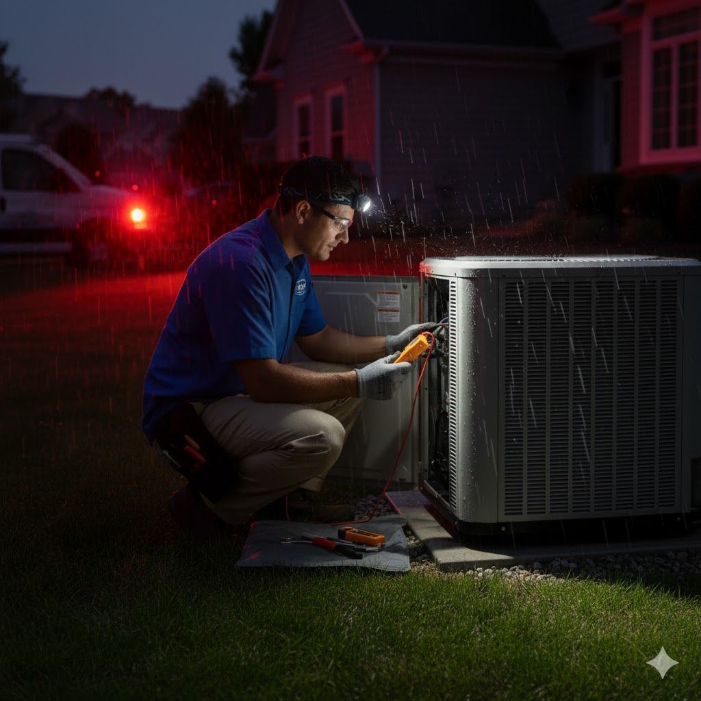 HVAC technician kneeling to repair an AC unit outside at night; a headlamp lights the work area.