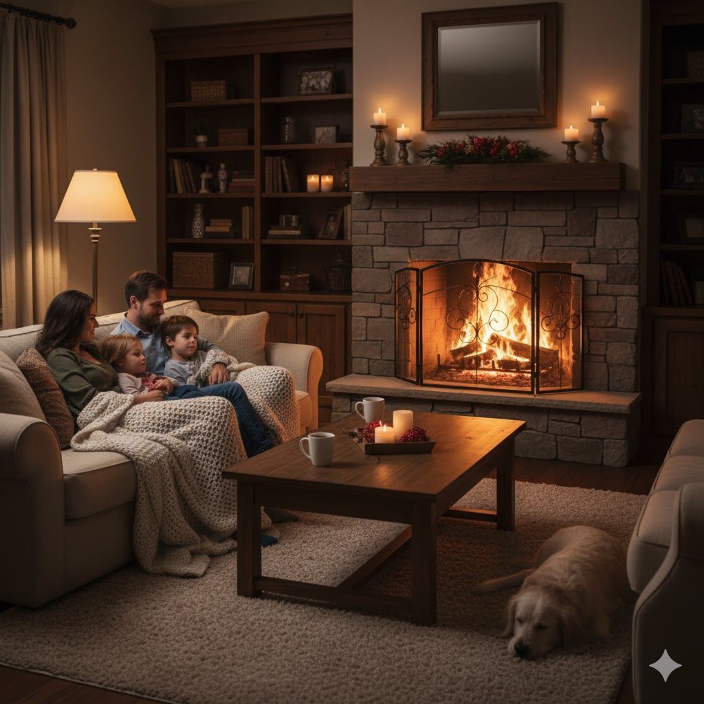 Family sitting on a couch, watching a fire in a cozy living room. A dog is lying on the floor.