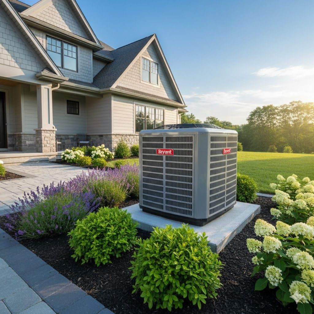 HVAC unit outside a home surrounded by bushes and flowers, in the sunlight.