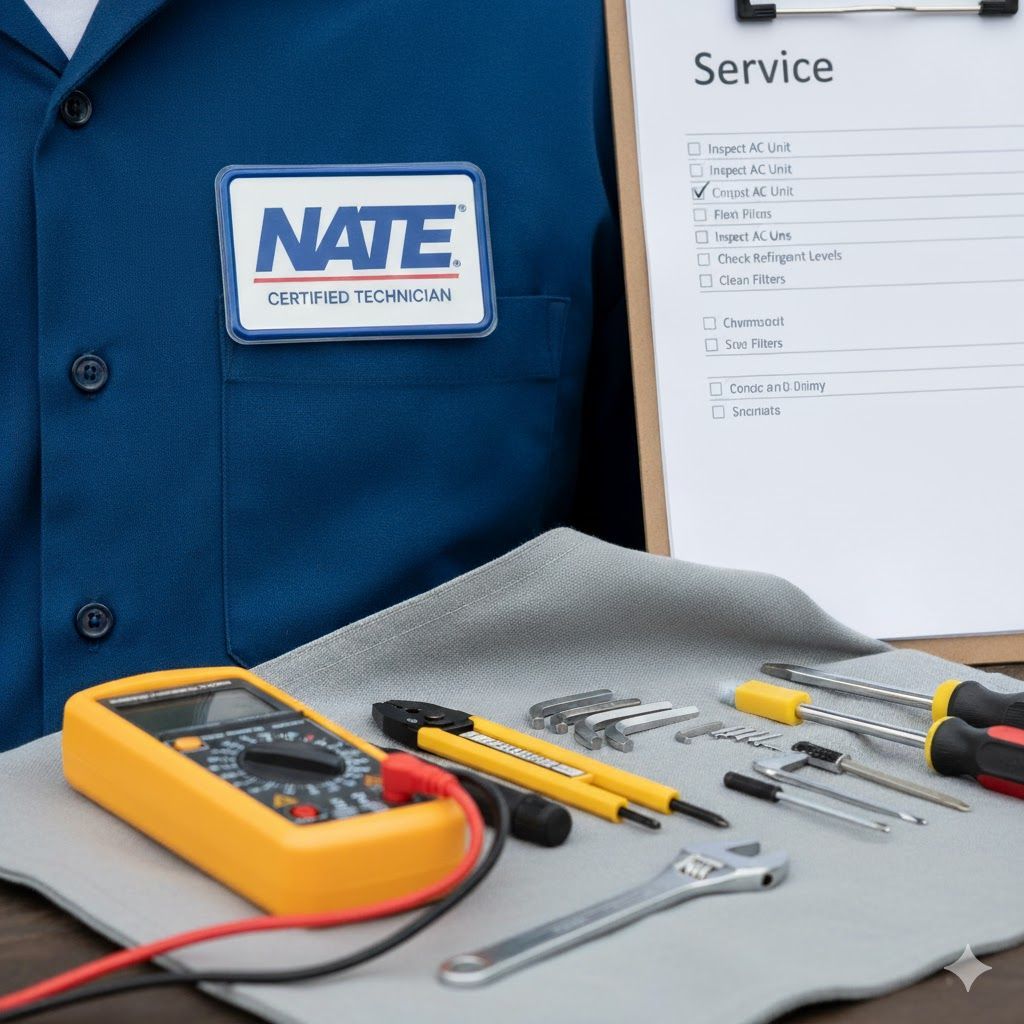 HVAC technician in blue shirt with service checklist and tools, including a multimeter and screwdriver.