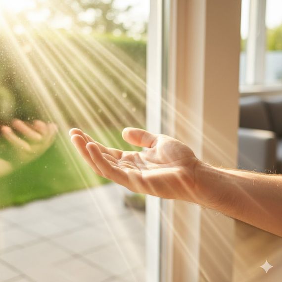 Hand outstretched, catching sunlight streaming through a window. Green lawn visible outside.