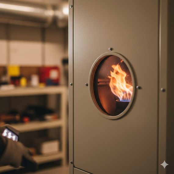Gas furnace with visible flames through an oval window in a workshop setting.