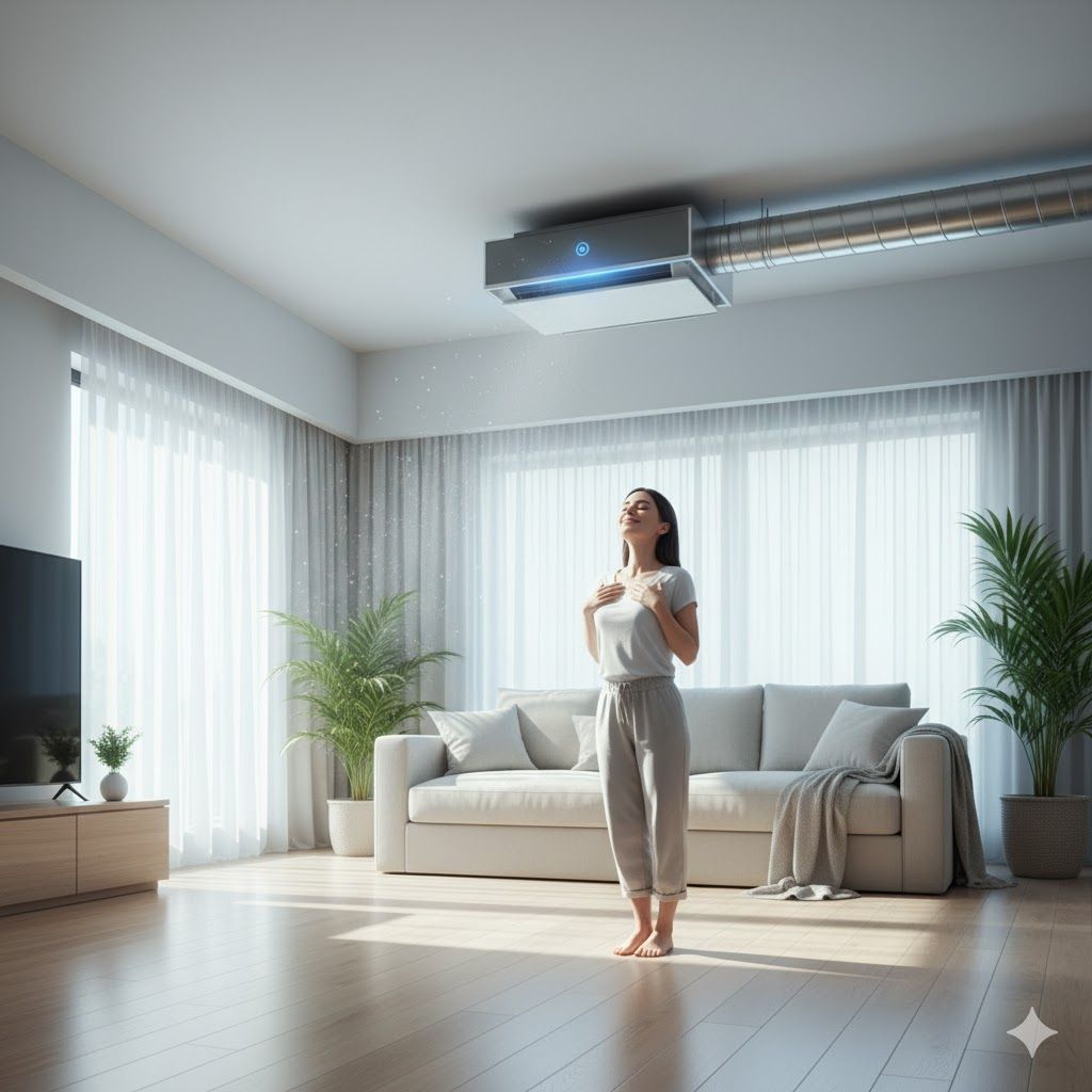 Woman standing in a living room, looking up at a ceiling air purifier. Sunny room, beige tones.