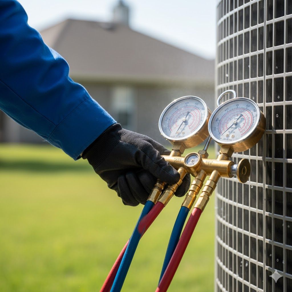 HVAC technician checks AC unit with gauges. Black-gloved hand in blue sleeve, outdoors near a house.