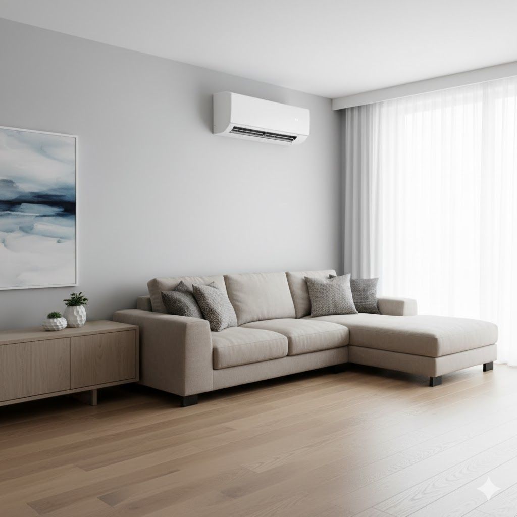 Living room with a beige sectional sofa, artwork, and wooden floor. A/C unit on the wall.