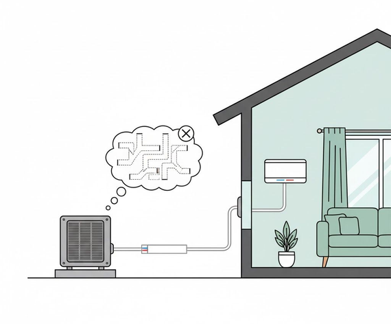 An air conditioning unit outside a house, with a thought bubble showing a circuit.