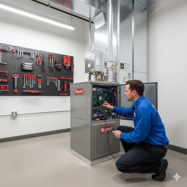 HVAC technician kneels, using a meter on a furnace. Tools hang on a wall. Gray furnace and ductwork.