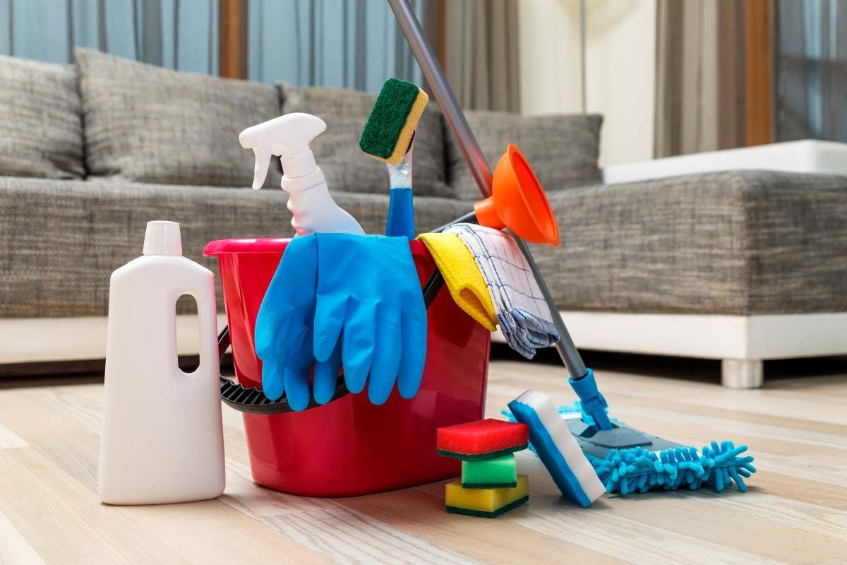 Cleaning supplies in a red bucket on a wood floor, near a couch.