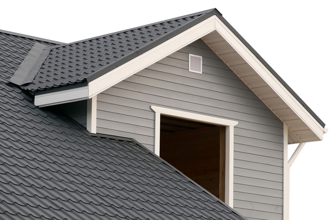 Gray house with a dormer, dark roof, and a window. White trim.