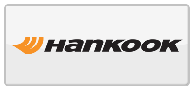 Hankook tire brand logo in a white rectangle. The logo includes orange stylized wing design and black text.