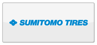 Sumitomo Tires logo with a blue floral design and text on a light gray background.