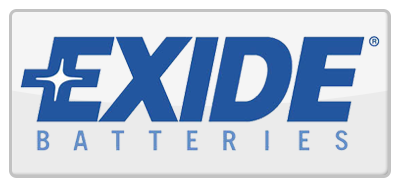 Exide Batteries logo with blue text on a white and gray background.
