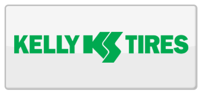 Kelly K Tires logo in green letters on a white, glossy rectangle.