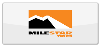 Logo of MileStar Tires with mountain graphic, orange and black, on white background.