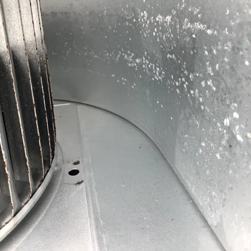 Inside of a metal blower housing, fan blades on left, white residue on the walls.