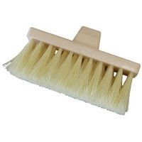 A white brush with a wooden handle on a white background.