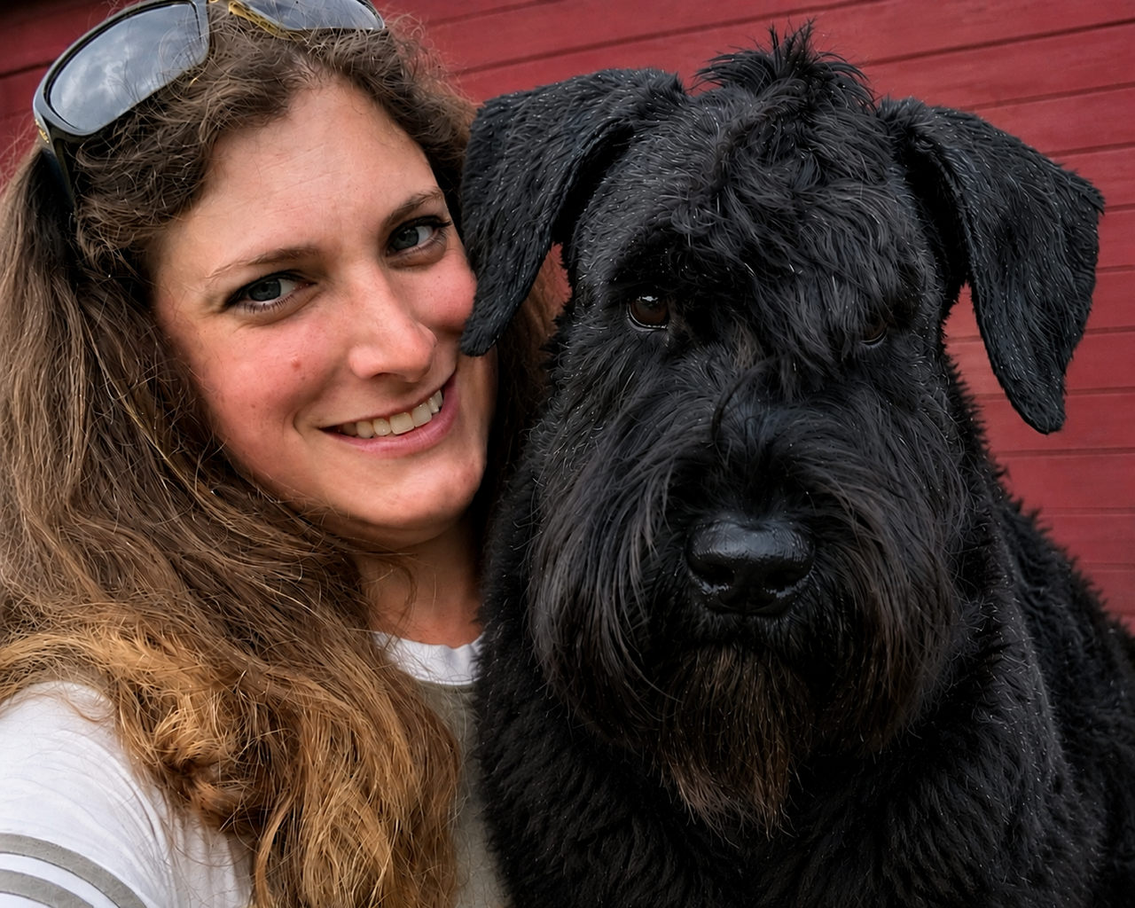 Smiling woman cuddling a large black dog in front of a red wall