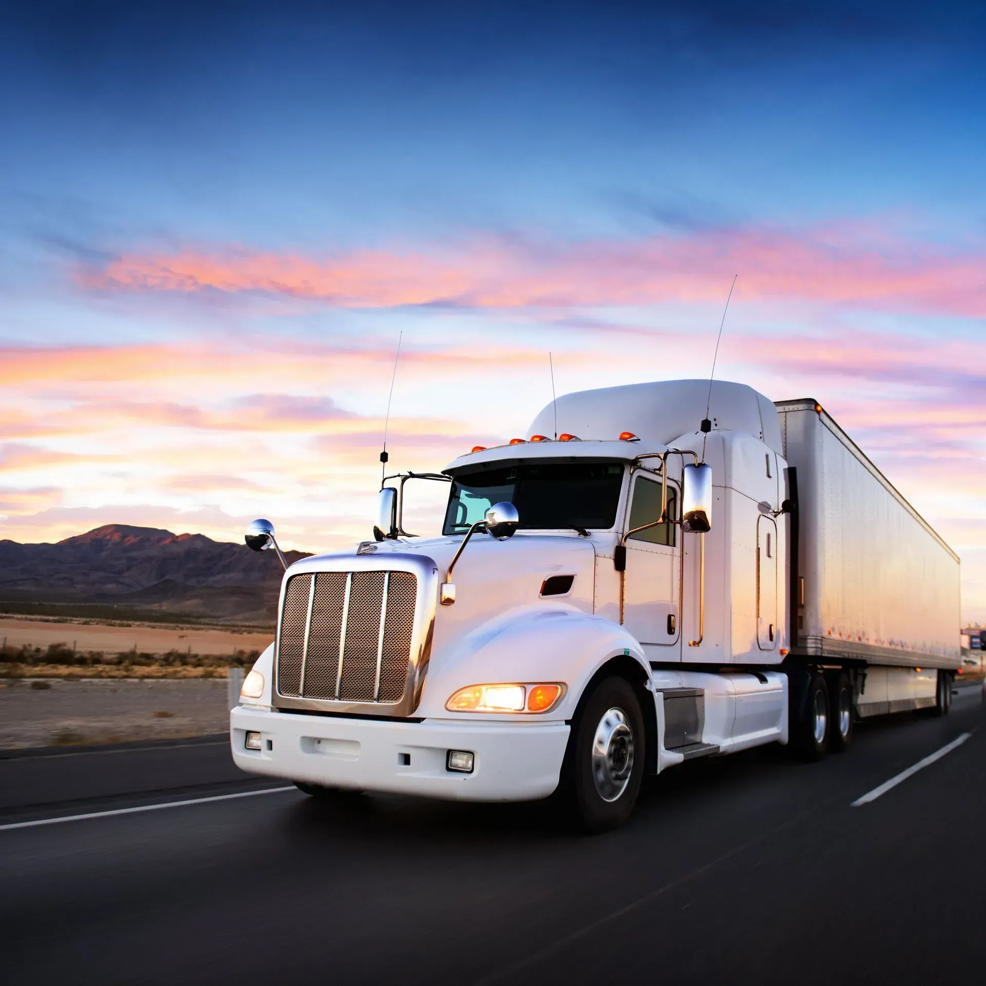 White semi-truck driving on a highway at sunset with pink and blue sky over distant mountains