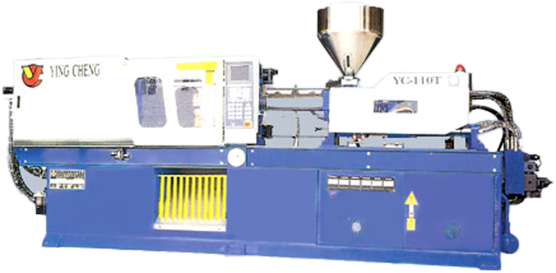 藍白相間的塑膠注塑機，搭配黃色格柵和銀色料斗。